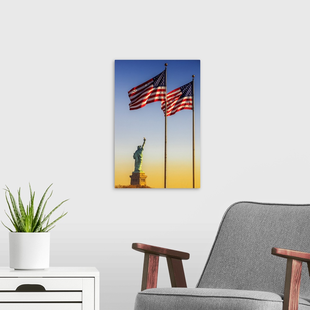 A modern room featuring USA, New York City, Manhattan, Lower Manhattan, Liberty Island, Statue of Liberty and American Flags