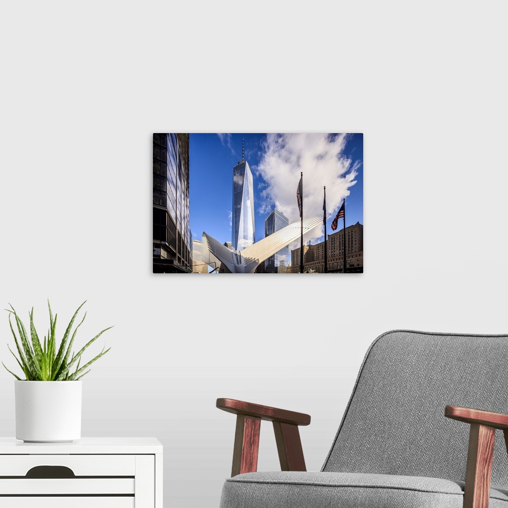 A modern room featuring USA, New York City, Manhattan, Lower Manhattan, One World Trade Center, Freedom Tower, The sculpt...
