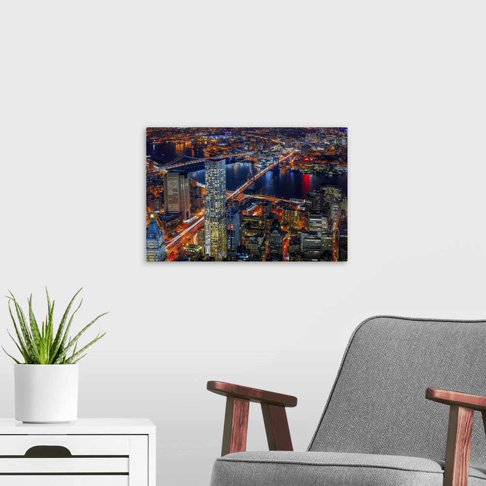 A modern room featuring USA, New York City, East River, Manhattan, Lower Manhattan, the Freedom Tower observatory deck, o...