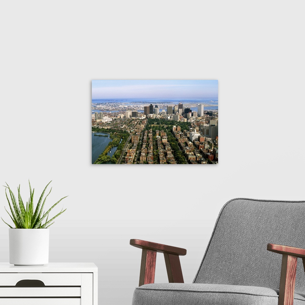 A modern room featuring United States, USA, Massachusetts, Boston, Air view of Back Bay Area and Downtown