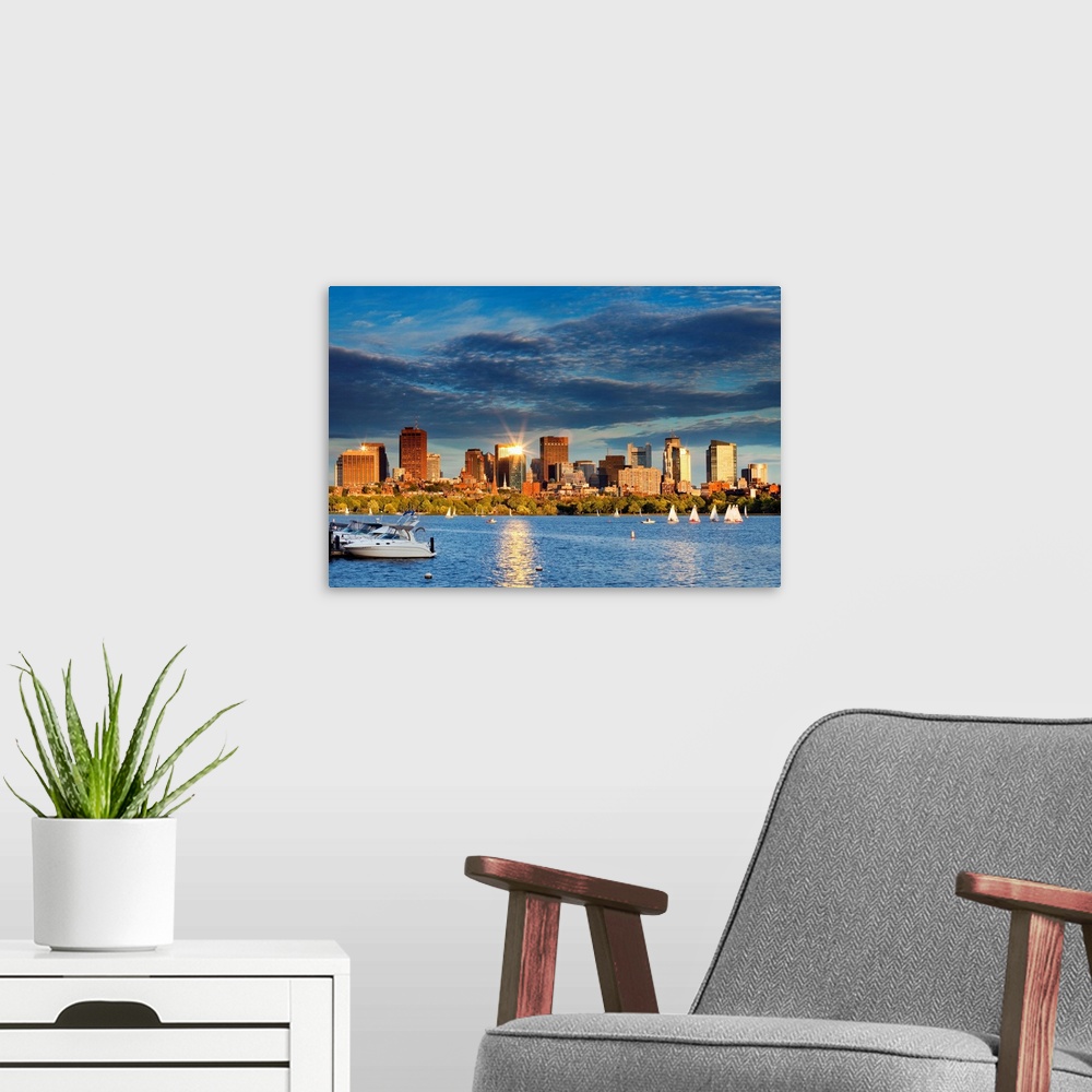 A modern room featuring Massachusetts, Boston, View of the skyline at sunset from Charles River