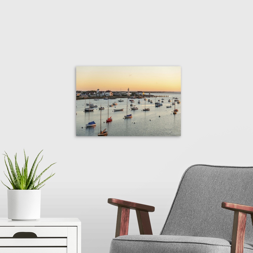 A modern room featuring USA, Massachusetts, New England, Nantucket, Harbor at sunset.