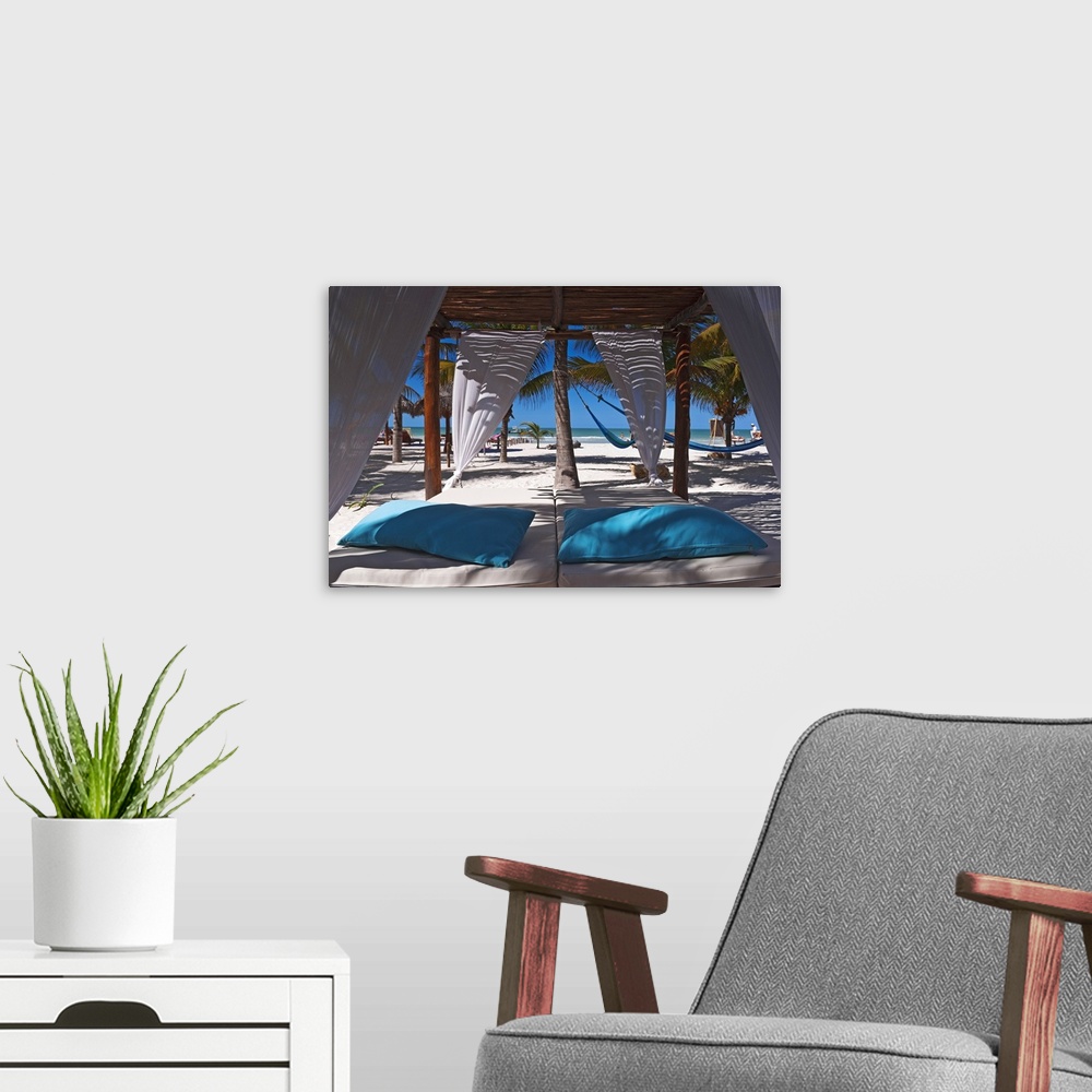 A modern room featuring Mexico, Yucatan, Holbox, Tropics, Canopy bed on a beach