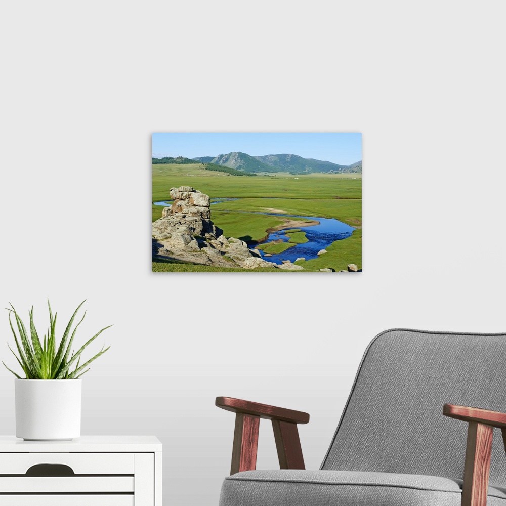 A modern room featuring Mongolia, Arkhangai, Yellow Steppe valley.