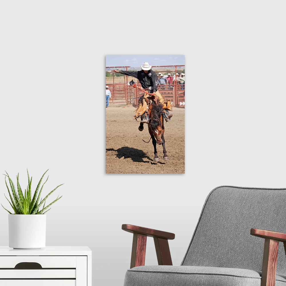 A modern room featuring Montana, Crow Agency, Bronco riding during the All Indian Rodeo at the Annual Crow Fair