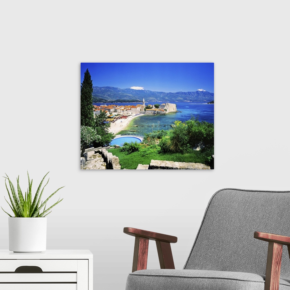 A modern room featuring Montenegro, Budva, View from Hotel Avala towards historical centre and citadel