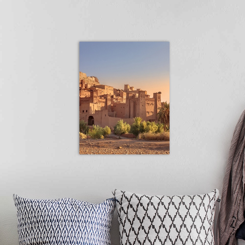 A bohemian room featuring Morocco, South Morocco, Ouarzazate, Ait Benhaddou, Ait Ben Haddou Kasbah in the early morning light.