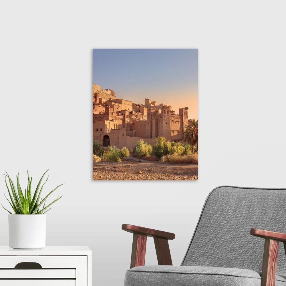 A modern room featuring Morocco, South Morocco, Ouarzazate, Ait Benhaddou, Ait Ben Haddou Kasbah in the early morning light.