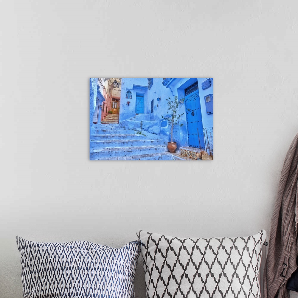 A bohemian room featuring Morocco, Rif Mountains, Chefchaouen, Typical blue painted houses in the old town