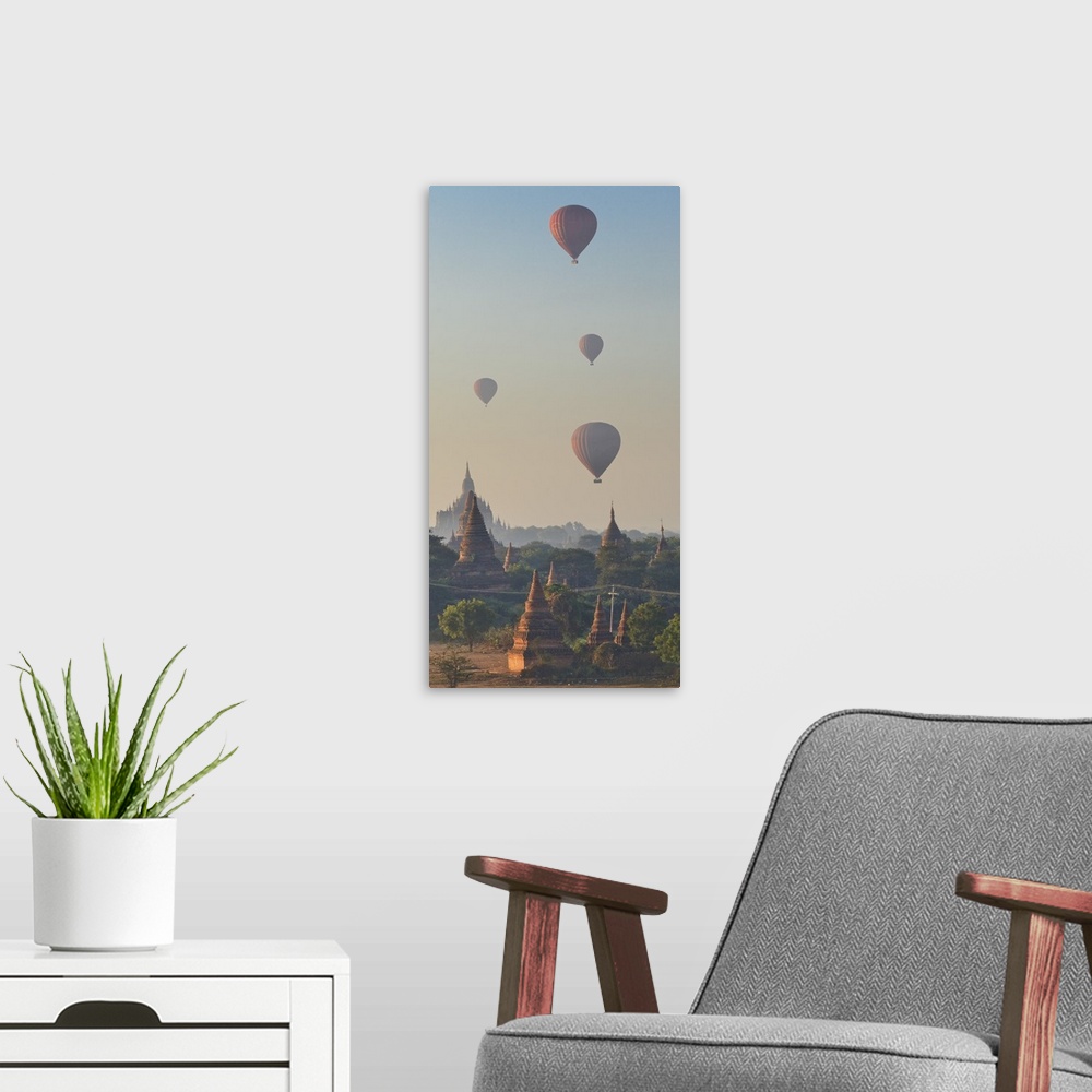 A modern room featuring Myanmar, Mandalay, Bagan, Hot air balloons over the Buddhist temples in the plain of Bagan.