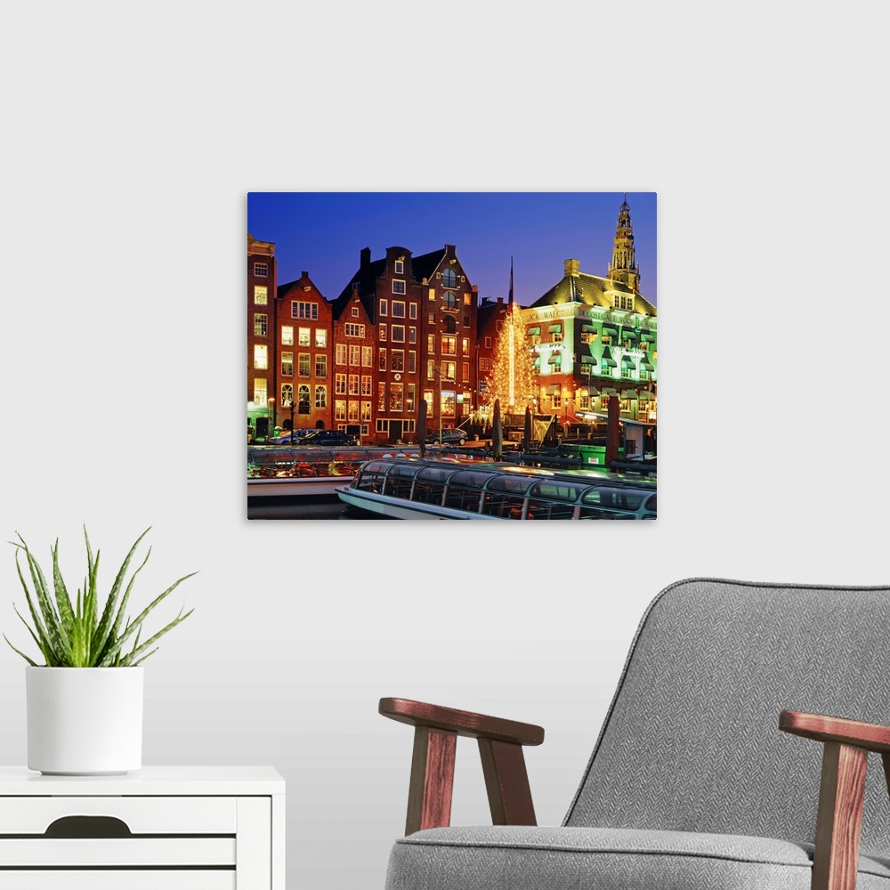 A modern room featuring Netherlands, Amsterdam, Benelux, Houses along Damrak canal