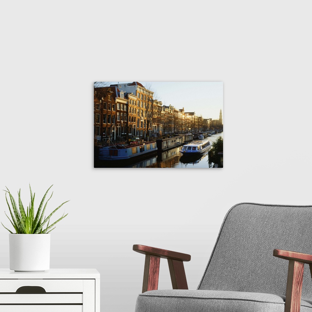 A modern room featuring Netherlands, Amsterdam, Sunset along Prinsengracht canal