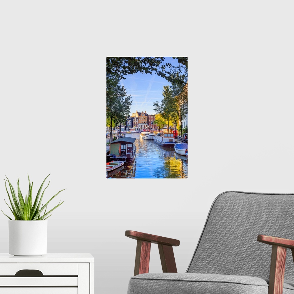 A modern room featuring Netherlands, North Holland, Benelux, Amsterdam, Groenburgwal Canal.