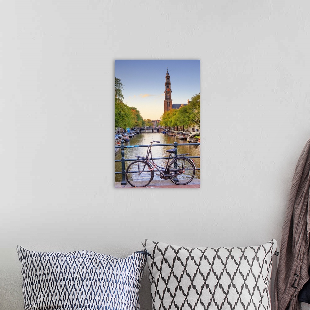 A bohemian room featuring Netherlands, North Holland, Benelux, Amsterdam, Prinsengracht Westerkerk at sunset.
