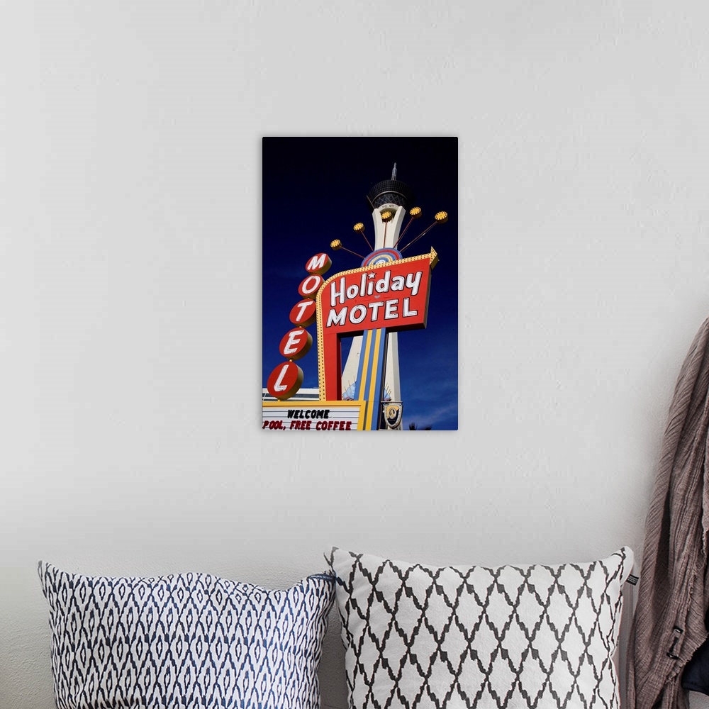 A bohemian room featuring United States, USA, Nevada, Las Vegas, Motel sign and Stratosphere Tower in background