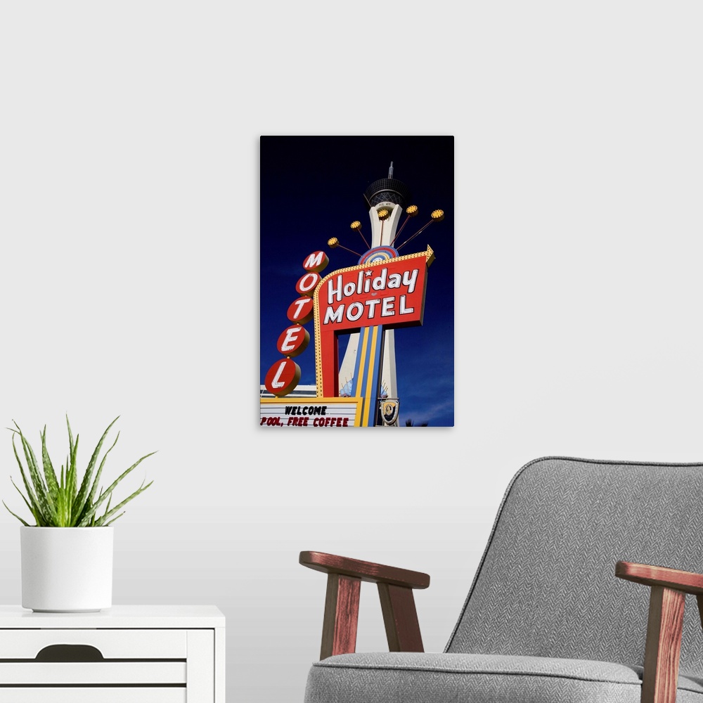 A modern room featuring United States, USA, Nevada, Las Vegas, Motel sign and Stratosphere Tower in background