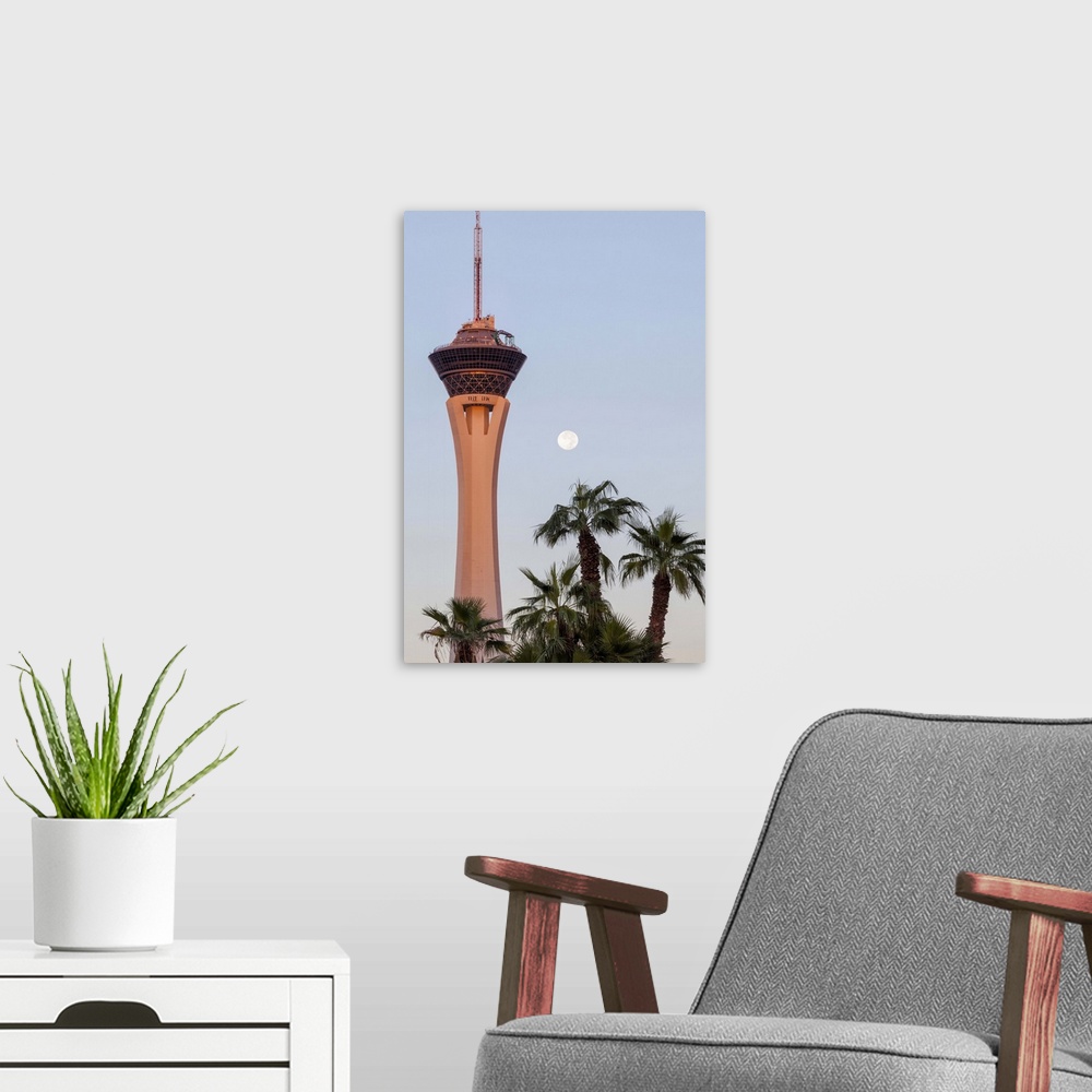 A modern room featuring USA, Nevada, Las Vegas, Stratosphere Tower at dawn.