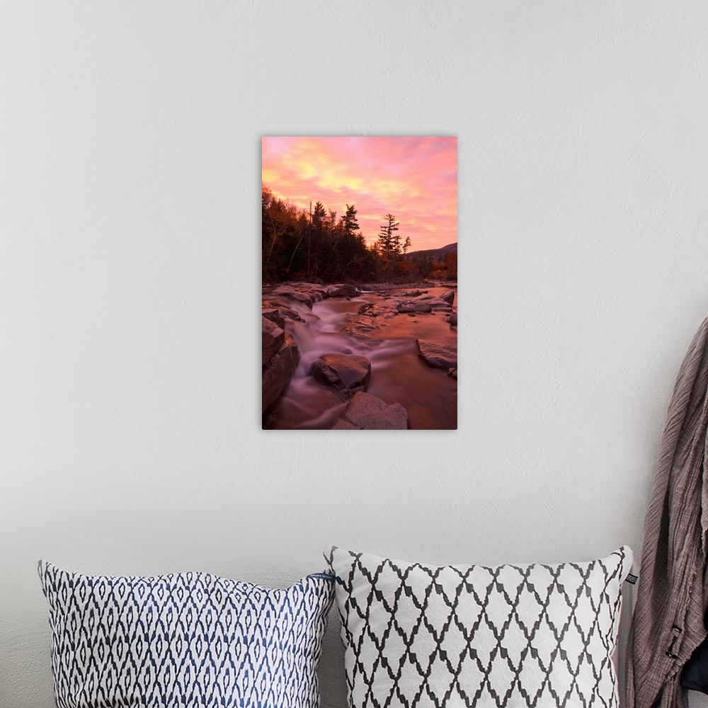 A bohemian room featuring New Hampshire, White Mountains, Lower Falls, The Swift river at dawn