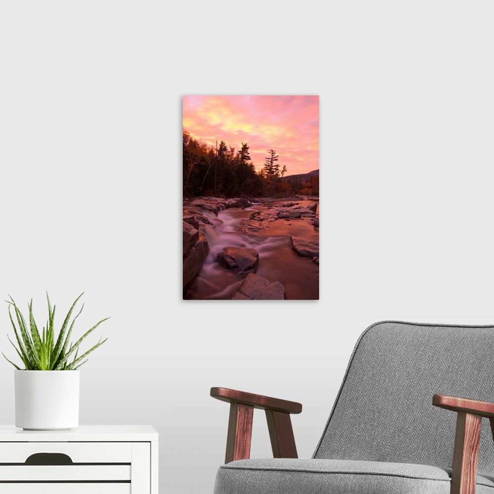A modern room featuring New Hampshire, White Mountains, Lower Falls, The Swift river at dawn