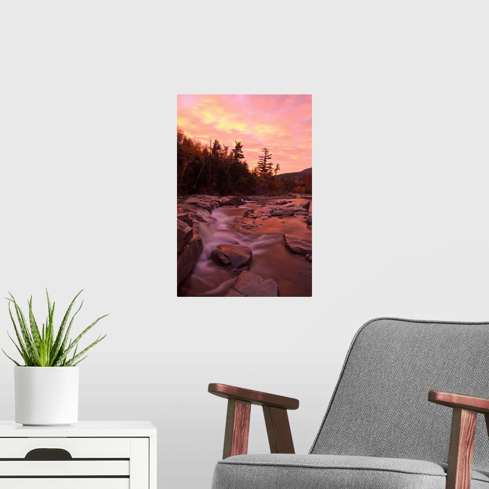 A modern room featuring New Hampshire, White Mountains, Lower Falls, The Swift river at dawn