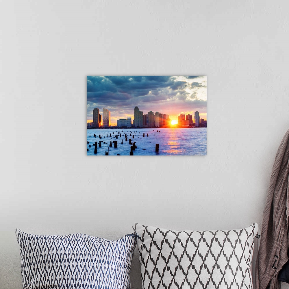 A bohemian room featuring New Jersey, Jersey City skyline seen from Manhattan.