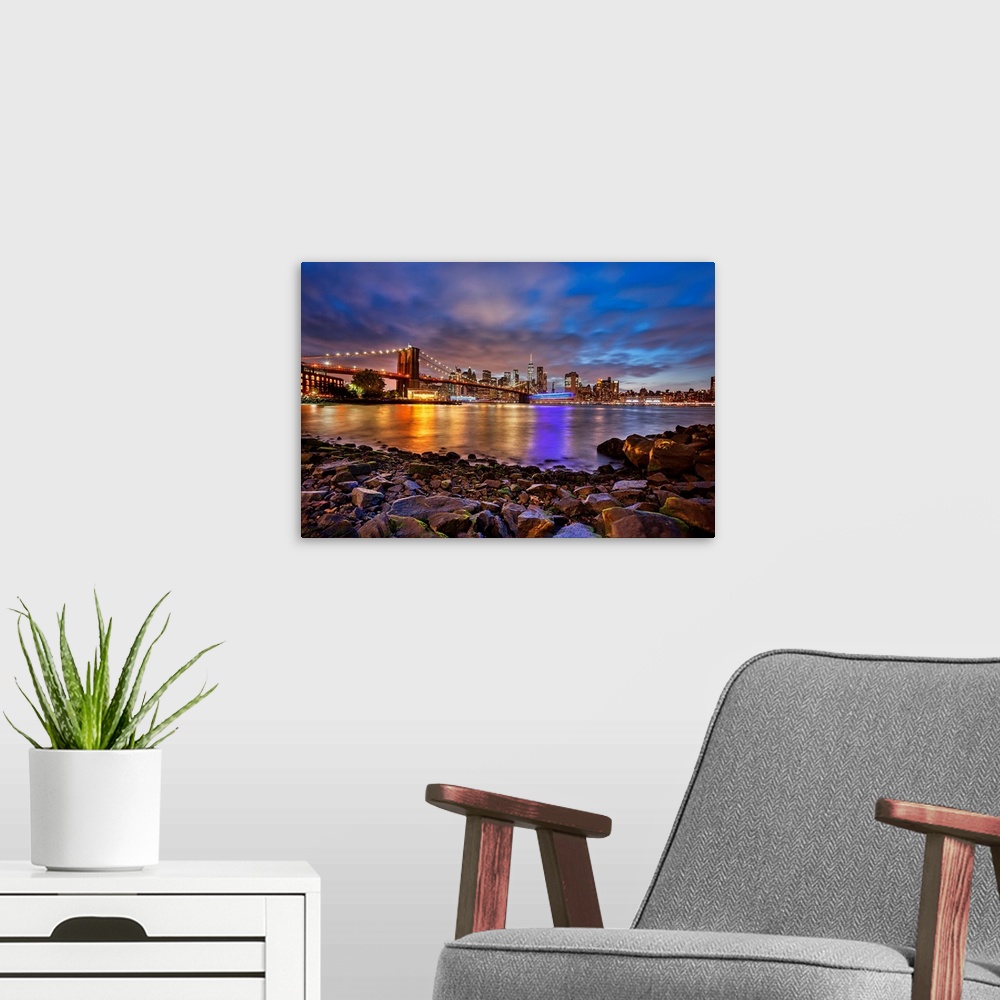 A modern room featuring New York City, Brooklyn, Brooklyn Bridge Park, Bridge with Empire Stores, Jane's Carousel and Low...