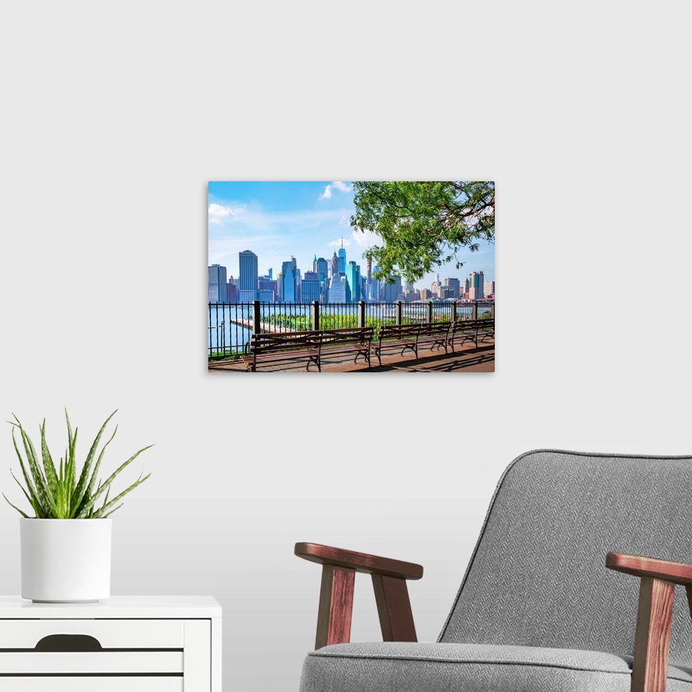 A modern room featuring New York City, Brooklyn, Brooklyn Heights, promenade, benches..