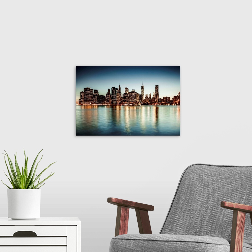 A modern room featuring USA, New York City, Brooklyn, City skyline.