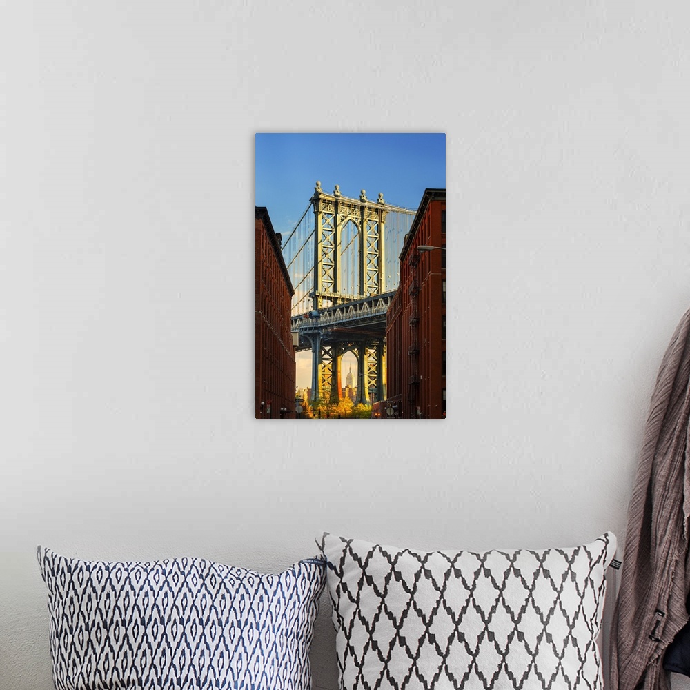 A bohemian room featuring USA, New York City, Brooklyn, Dumbo, Manhattan Bridge, Empire State Building framed by Manhattan ...