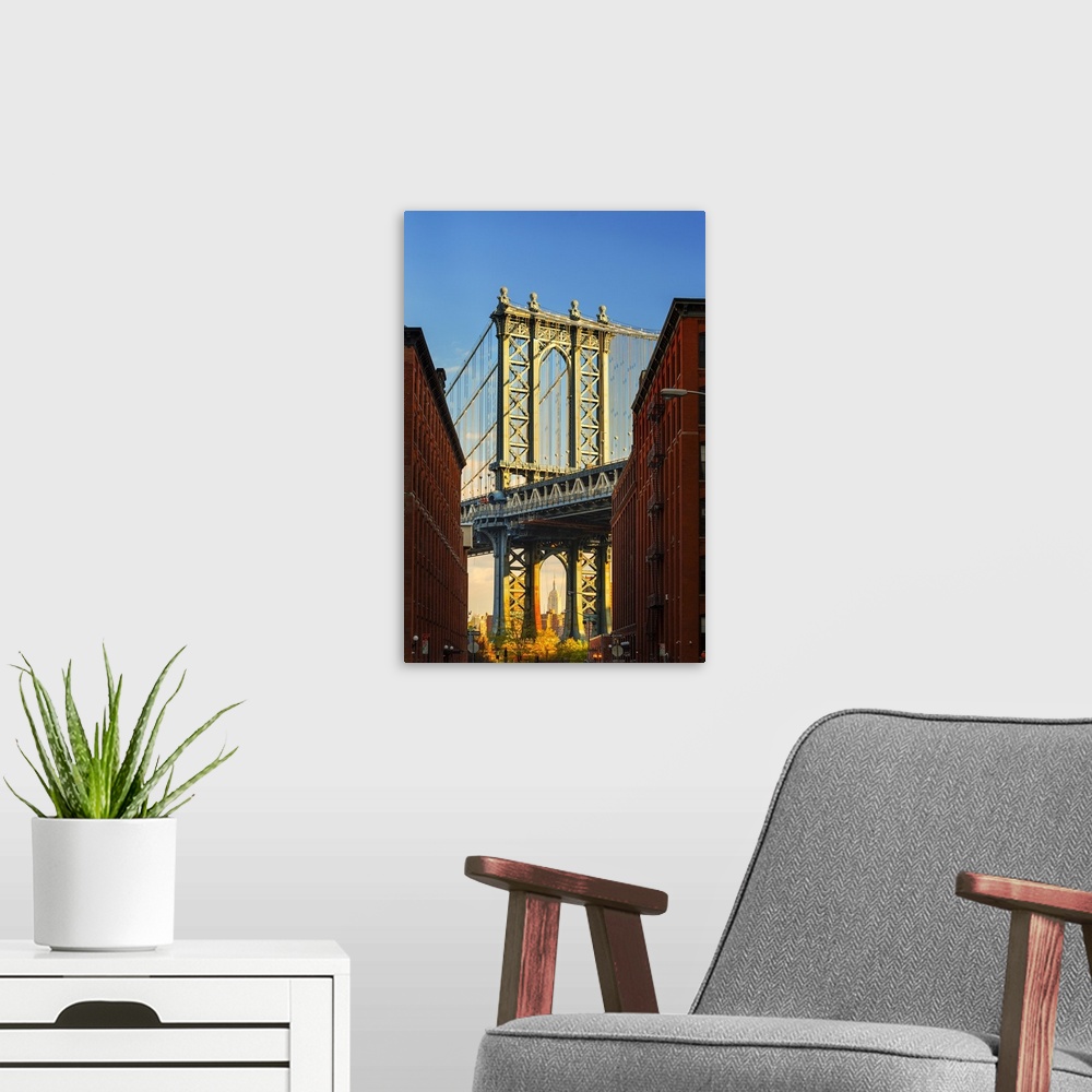 A modern room featuring USA, New York City, Brooklyn, Dumbo, Manhattan Bridge, Empire State Building framed by Manhattan ...