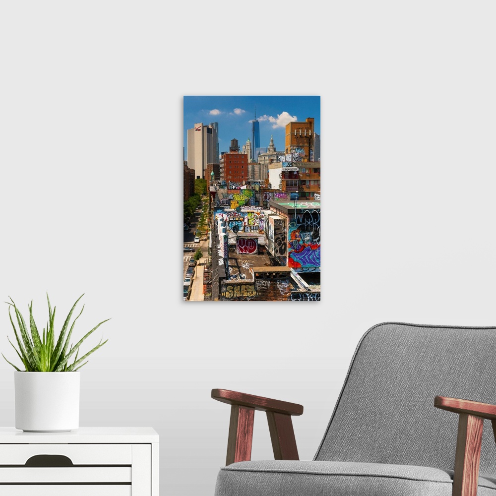 A modern room featuring USA, New York City, Brooklyn, Dumbo, View from Manhattan bridge.