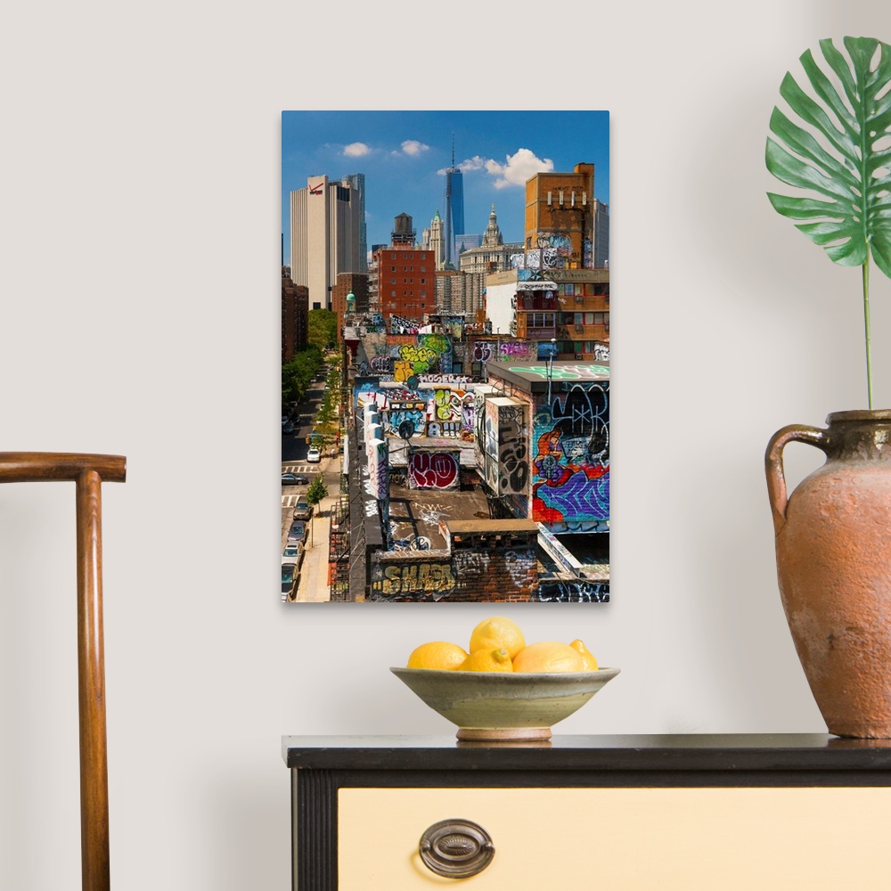 A traditional room featuring USA, New York City, Brooklyn, Dumbo, View from Manhattan bridge.