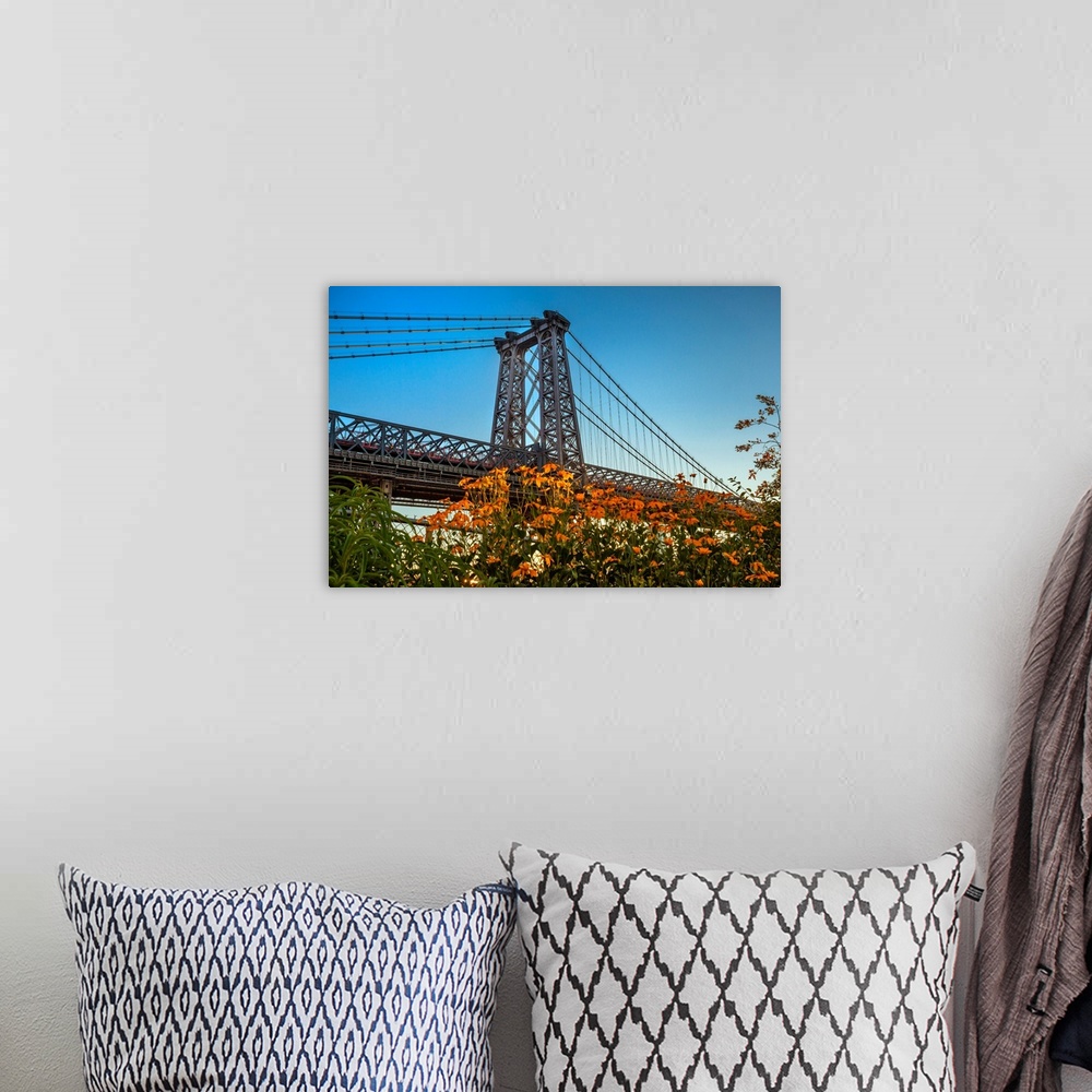 A bohemian room featuring New York City, Brooklyn, Williamsburg, bridge seen from Havemeyer Park.