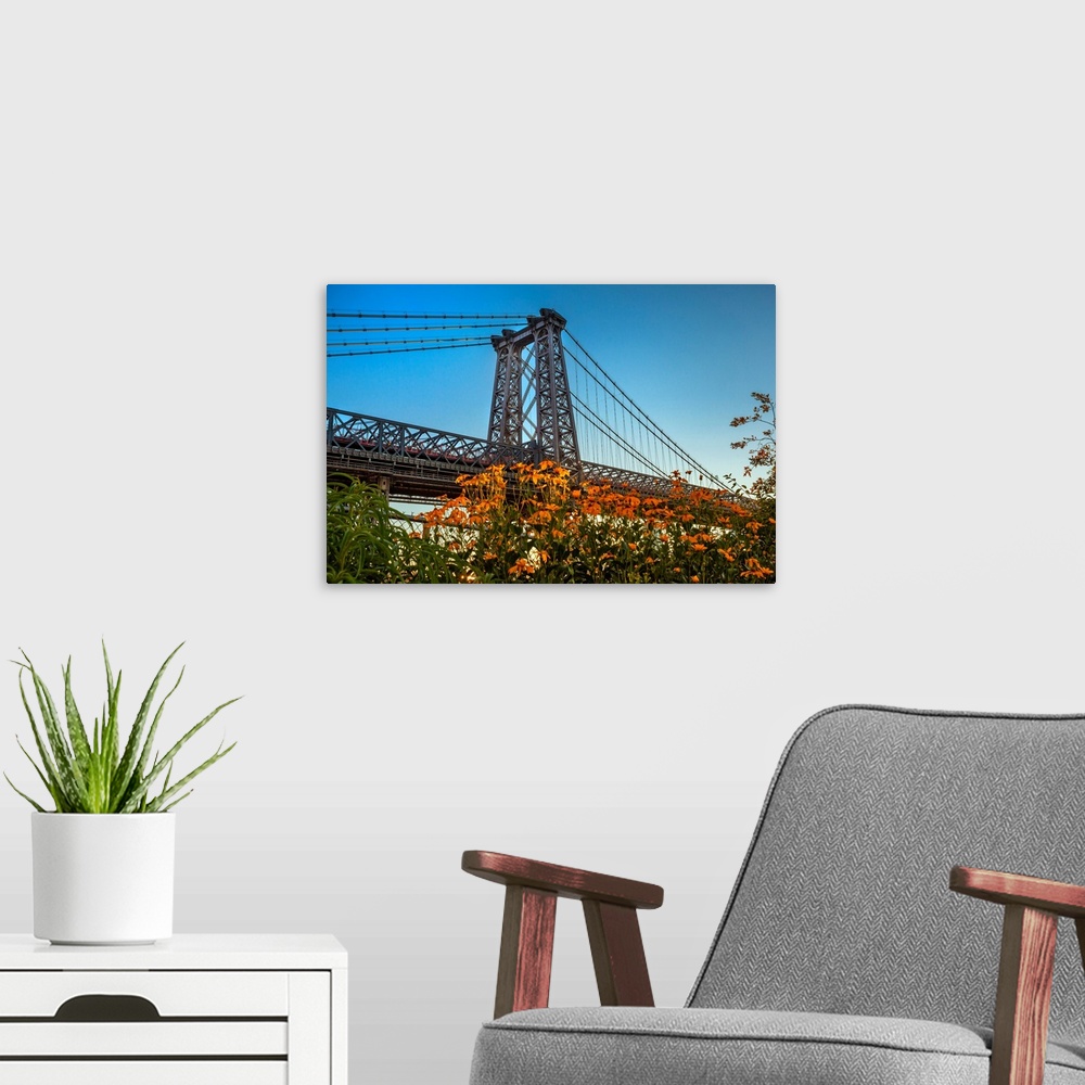 A modern room featuring New York City, Brooklyn, Williamsburg, bridge seen from Havemeyer Park.
