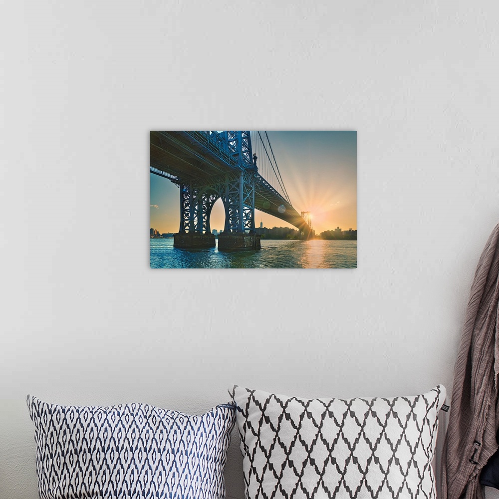 A bohemian room featuring New York City, Brooklyn, Williamsburg, Williamsburg Bridge seen from Domino park.