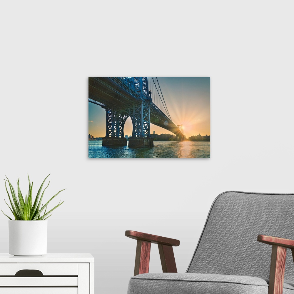 A modern room featuring New York City, Brooklyn, Williamsburg, Williamsburg Bridge seen from Domino park.