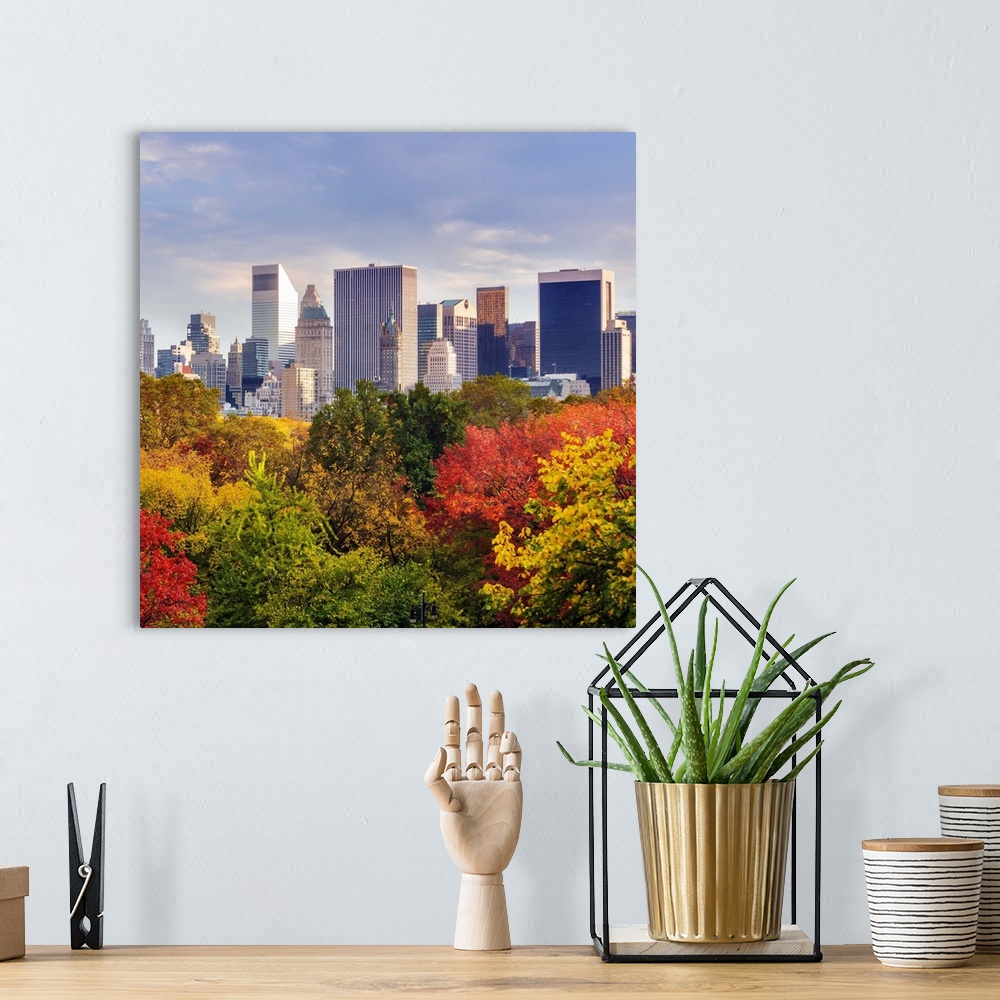 A bohemian room featuring USA, New York City, Manhattan, Central Park, Central Park South skyline during fall foliage.