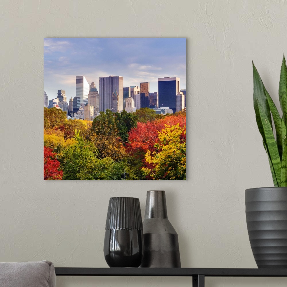 A modern room featuring USA, New York City, Manhattan, Central Park, Central Park South skyline during fall foliage.