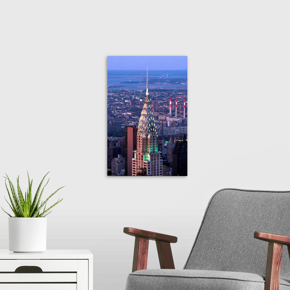 A modern room featuring New York City, Chrysler Building