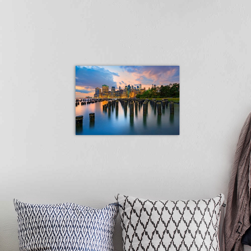 A bohemian room featuring New York City, Downtown skyline seen from Brooklyn.
