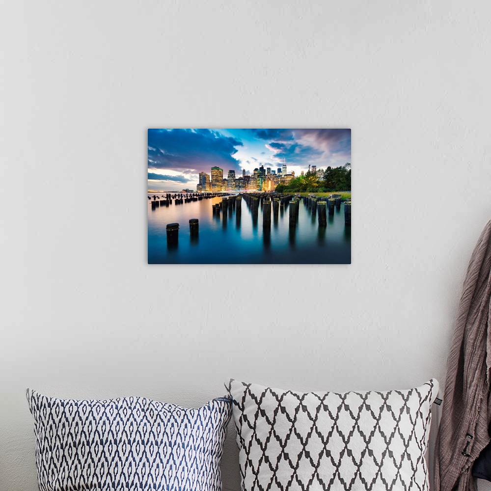 A bohemian room featuring New York City, Downtown skyline seen from Brooklyn.