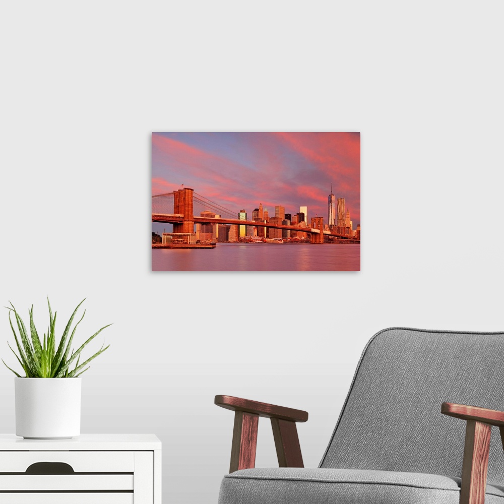 A modern room featuring USA, New York City, East River, Manhattan, Brooklyn Bridge, Downtown Manhattan skyline, view from...