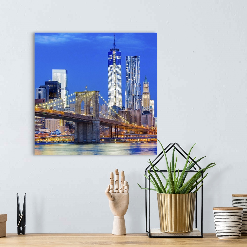 A bohemian room featuring USA, New York City, East River, Manhattan, Lower Manhattan, Brooklyn Bridge, Downtown Manhattan w...