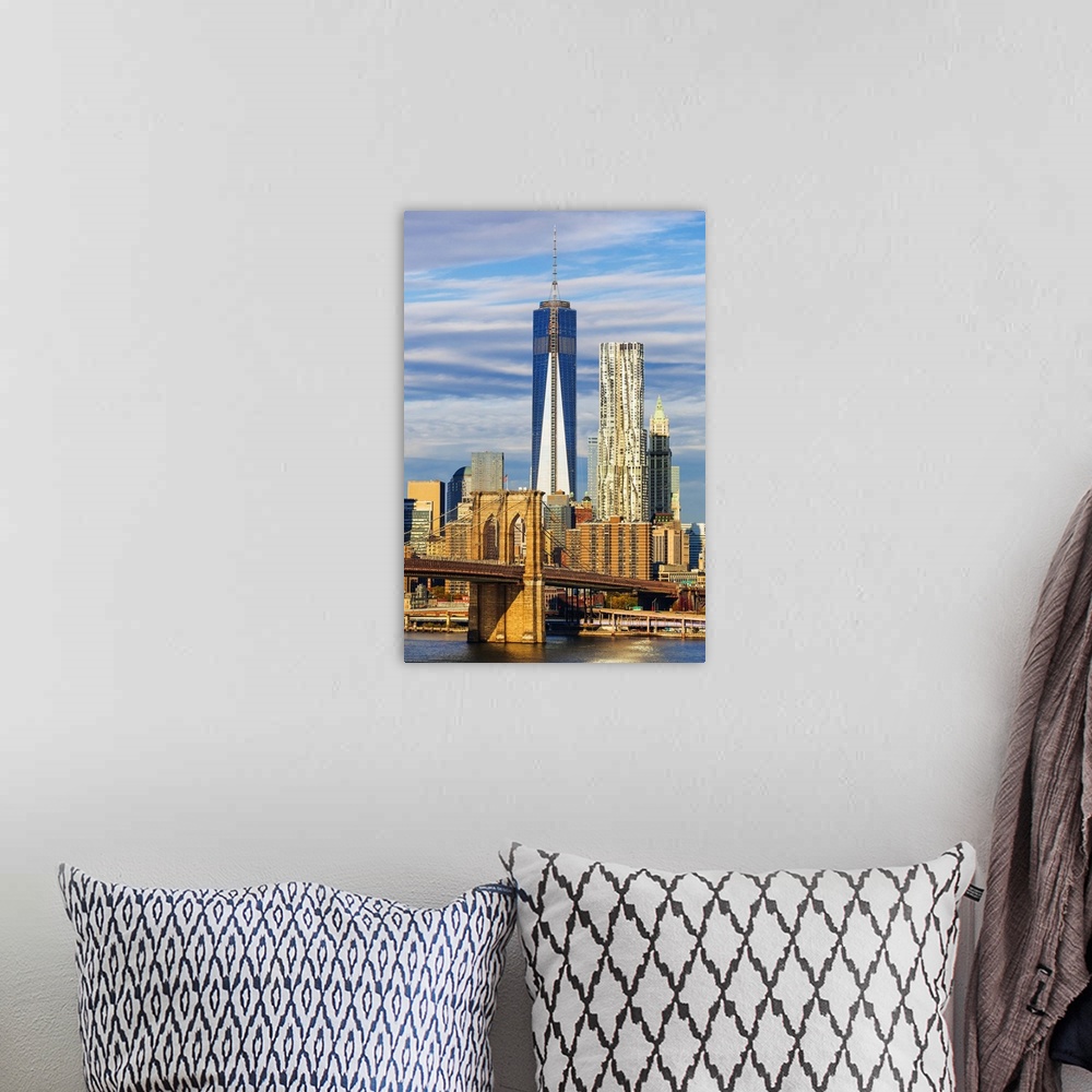A bohemian room featuring USA, New York City, East River, Manhattan, Brooklyn Bridge, The bridge with the Freedom Tower in ...