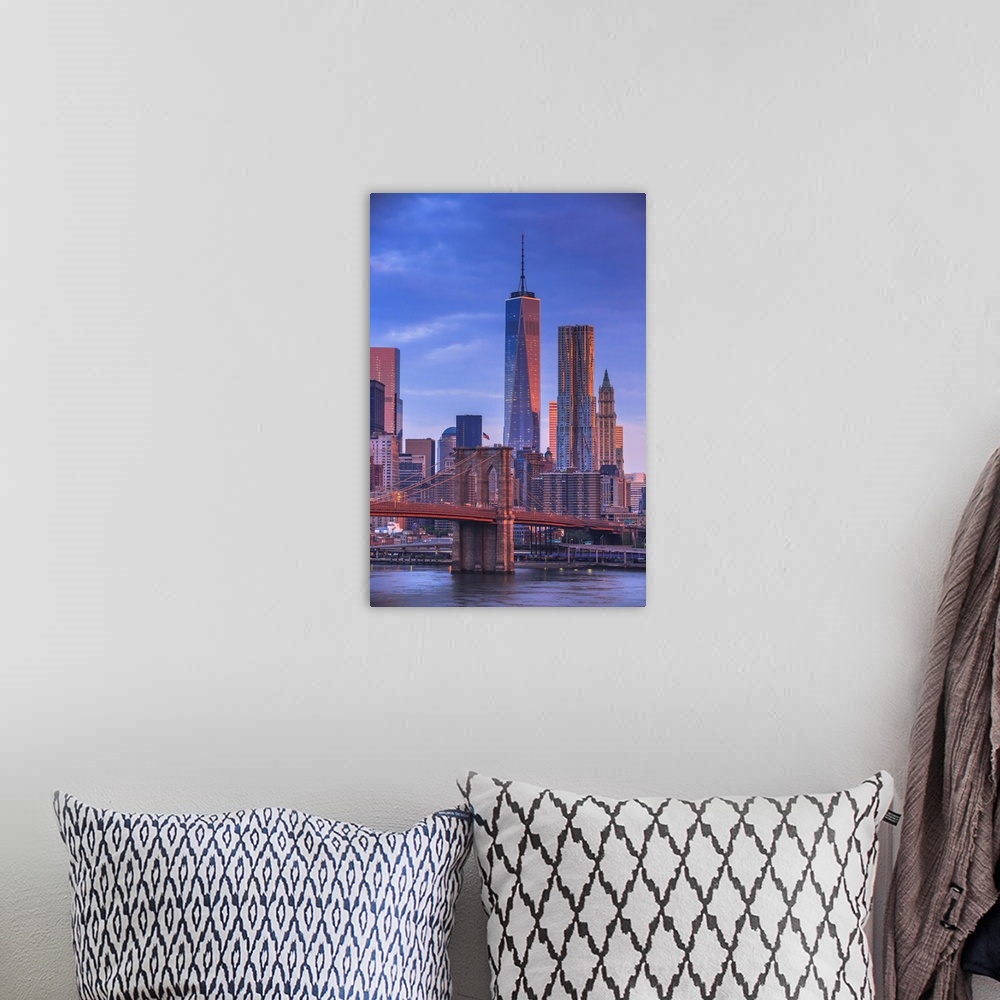 A bohemian room featuring USA, New York City, East River, Manhattan, Brooklyn Bridge.