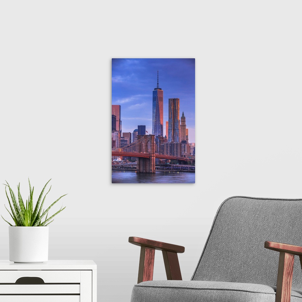 A modern room featuring USA, New York City, East River, Manhattan, Brooklyn Bridge.