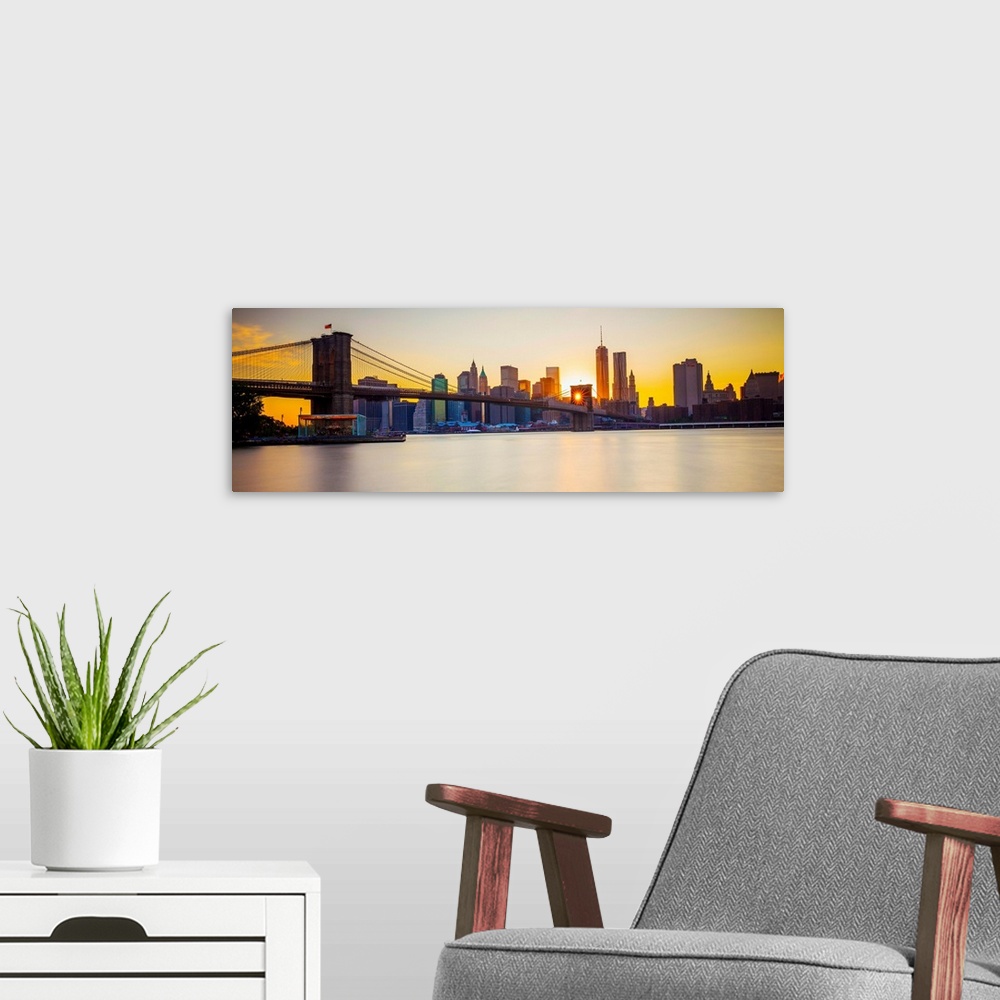 A modern room featuring USA, New York City, East River, Manhattan, Lower Manhattan, Brooklyn Bridge, Skyline and Brooklyn...