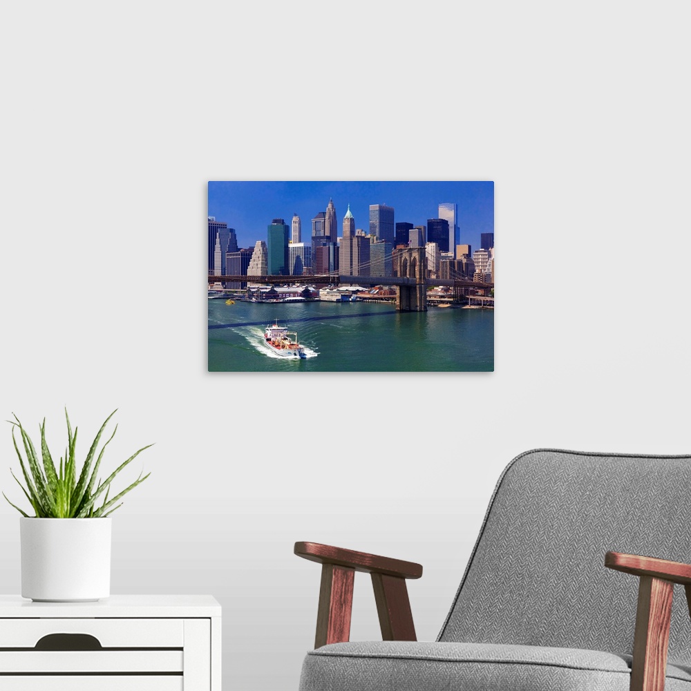 A modern room featuring USA, New York City, East River, Manhattan, Brooklyn Bridge, View from Manhattan bridge.