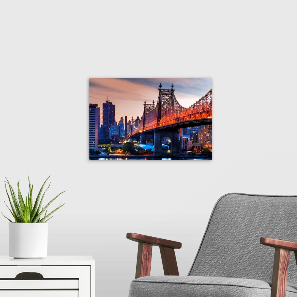 A modern room featuring New York City, Ed Koch Queensboro Bridge at sunset.