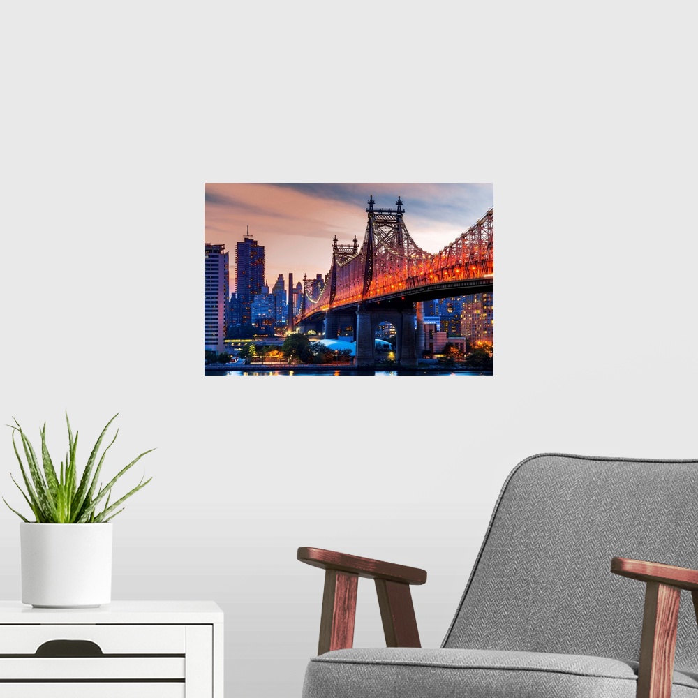 A modern room featuring New York City, Ed Koch Queensboro Bridge at sunset.